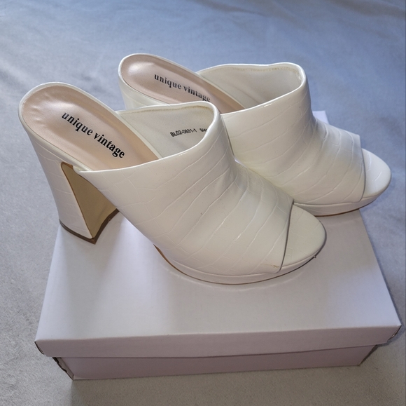 White Open Toe Mule Heels - Picture 2 of 5